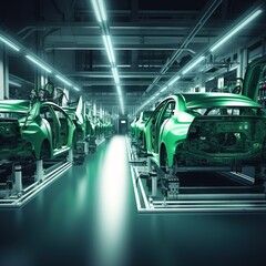 Car Factory Digitalization Industry Concept: Automated Robot Arm Assembly Line Manufacturing High-Tech Green Energy Electric Vehicles. generative ai