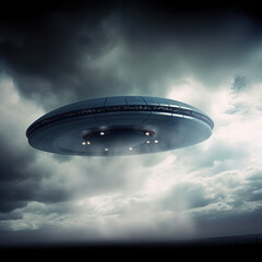 UFO, alien spaceships in the clouds in the sky. Saucers with bright illumination and vertical beam, unidentified flying objects, realistic illustration. Generative AI