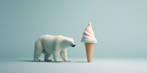 A polar bear standing on a melting ice cream cone, set against a minimalist background, concept of Environmental vulnerability, created with Generative AI technology