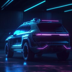 futuristic cyberpunk neon car can be seen in the tech area. Back of the SUV vehicle. generative ai