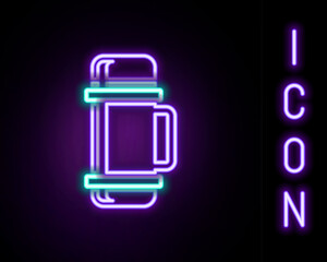 Glowing neon line Thermos container icon isolated on black background. Thermo flask icon. Camping and hiking equipment. Colorful outline concept. Vector