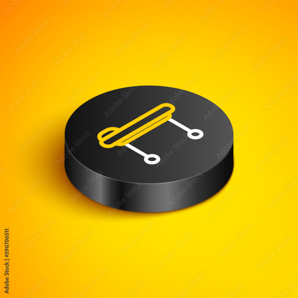 Sticker isometric line stretcher icon isolated on yellow background. patient hospital medical stretcher. bla