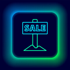 Glowing neon line Hanging sign with text Sale icon isolated on black background. Signboard with text Sale. Colorful outline concept. Vector