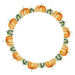 Watercolor wreath with autumn pumpkins isolated. Thanksgiving, Halloween illustration for designers, scrapbooking. For designers, postcards, party Invitations, wrapping paper, covers. For posters and