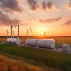 Hydrogen pipeline with manometer and wind turbine power plants in the background. Hydrogen Zero-Emission Energy Storage. generative ai