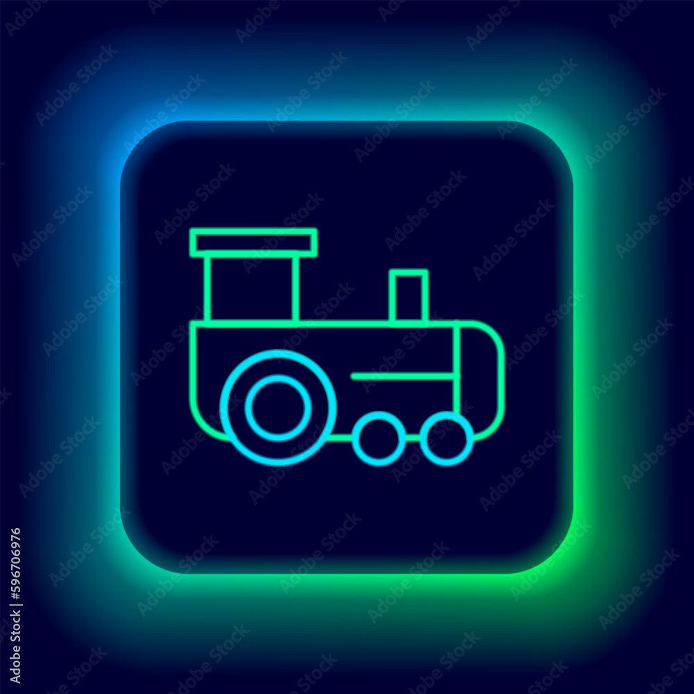 Sticker Glowing neon line Toy train icon isolated on black background. Colorful outline concept. Vector