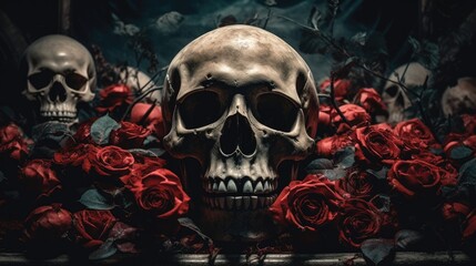 Bronze skull sculpture surrounded by vibrant red roses, morbid gothic castle table decoration, dark dimly lit scene - generative AI