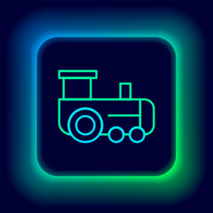 Glowing neon line Toy train icon isolated on black background. Colorful outline concept. Vector