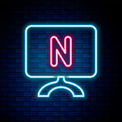 Glowing neon line Smart Tv icon isolated on brick wall background. Television sign. Colorful outline concept. Vector