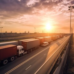 Logistics import export and cargo transportation industry concept of Container Truck run on highway road at sunset blue sky. generative ai