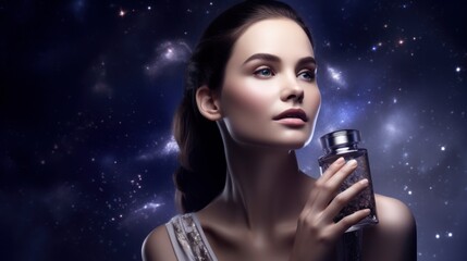 A Woman is holding a beauty skin care cosmetics product. Concept of perfume fragrance. Generative AI.