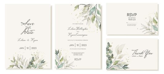 Fototapeta na wymiar Set of rustic wedding invitation and thank you card templates with green leaves, eucalyptus and branches. Vector