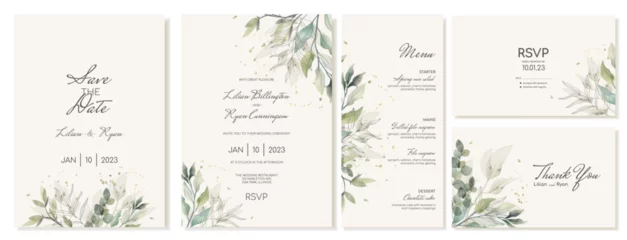 Fotobehang A set of rustic wedding cards with green leaves and branches. Wedding invitations, thank you cards and menus in watercolor style. Vector © MIMOSA