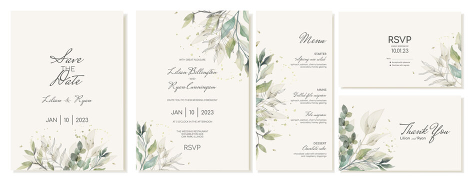 A set of rustic wedding cards with green leaves and branches. Wedding invitations, thank you cards and menus in watercolor style. Vector