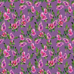 Watercolor hand drawn hellebore flower and anemone seamless pattern. Spring pink blossoms on violet background. Botanical design for textile print, decore, packaging, wrapping paper. Floral ornament.