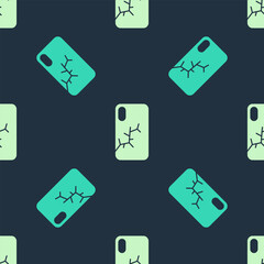 Green and beige Smartphone with broken screen icon isolated seamless pattern on blue background. Shattered phone screen icon. Vector