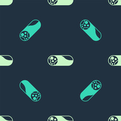 Green and beige Burrito icon isolated seamless pattern on blue background. Traditional mexican fast food. Vector