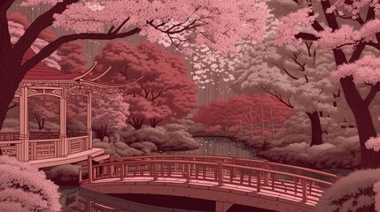 Ukiyo-e style woodblock print of a bridge to a pagoda over a stream . AI generated