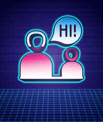 Retro style Two sitting men talking icon isolated futuristic landscape background. Speech bubble chat. Message icon. Communication or comment chat symbol. 80s fashion party. Vector
