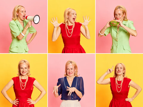 Collage made of closeup portraits of charming blond woman in retro clothes doing different activities over pink and yellow backgrounds