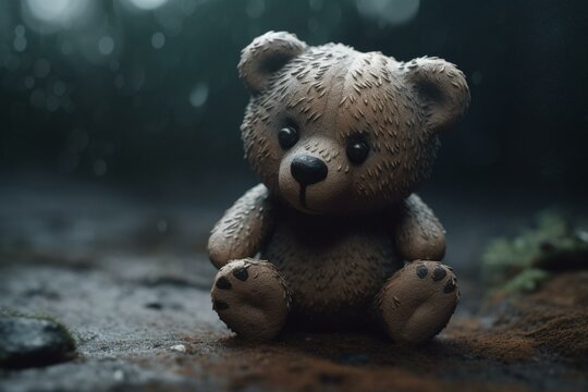 Lonely child concept with a sad bear looking down. A portrayal of lost childhood, pain, and depression. Mockup with copy space. Generative AI