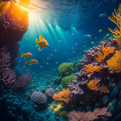 Naklejka na ściany i meble Underwater photography | coral reef in Great Barrier Reef. The reef is teeming with life, with colorful fish, coral, and other marine creatures. sun is shining, and water is crystal clear. Ai.