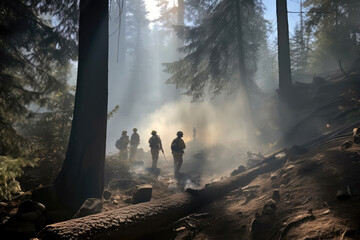 Forested Area With Smoke And Firefighters. Generative AI