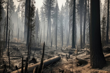 Forested Area With Charred Trees And Smoke. Generative AI