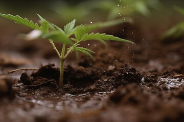 Generative AI illustration of growing little cannabis leaves on wet ground with soil and water against blurred background