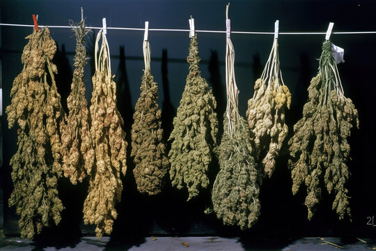 Generative AI illustration of dried bunch of cannabis hanging from rope with clothespins against dark background