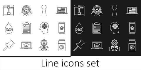 Set line Coffee beans in bag, Shopping basket on mobile, Keyhole, Clipboard with dental card, Water drop H2O, machine and cup, Head hunting concept and Marketing target strategy icon. Vector