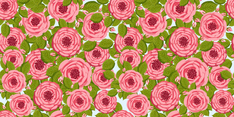 Seamless pattern with blooming roses. Vector floral illustration for postcard, poster, fabric, wrapping paper, decor etc. Flowers for spring and summer holidays.