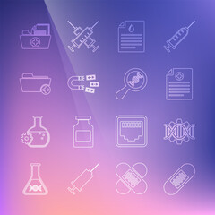 Set line Bandage plaster, Genetic engineering, Clinical record, Clipboard with blood test, Magnet money, Health folder, and DNA research, search icon. Vector