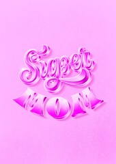 Hand lettering quote - Super Mom. Hand drawn 3D textured modern script. Trendy luxury calligraphic typographic element. Decorative shiny golden retro style lettering.