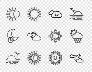 Set line Sunset, Cloud with moon and stars, Eclipse of the sun, cloud weather, and rain icon. Vector