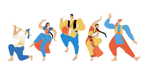 Men and women dance and play musical instruments. People in traditional Indian clothes
