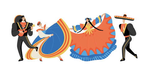 Men and women dance in traditional Mexican clothing. Musician with a guitar. Collection of vector illustrations