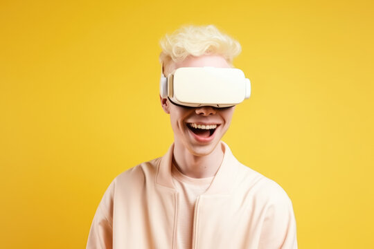 Generative AI image of cheerful young guy in VR goggles smiling while standing against yellow background and enjoying simulated environment with immerse experience