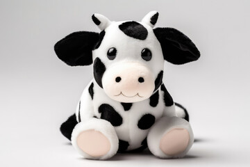 White And Black Cow Plush Toy On White Background, In The Style Of Barnyard Animals And Cute Designs. Generative AI
