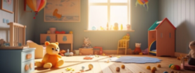 Blur background of childrens room with kid toys. Product display banner presentation