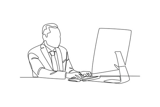 Continuous one line drawing Bank worker sitting at desk with computer. Banking concept. Single line draw design vector graphic illustration.