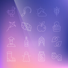 Set line Christmas mitten, Leaf, Basket and food, Sun cloud weather, Socks, Kite, Dove and Apple icon. Vector