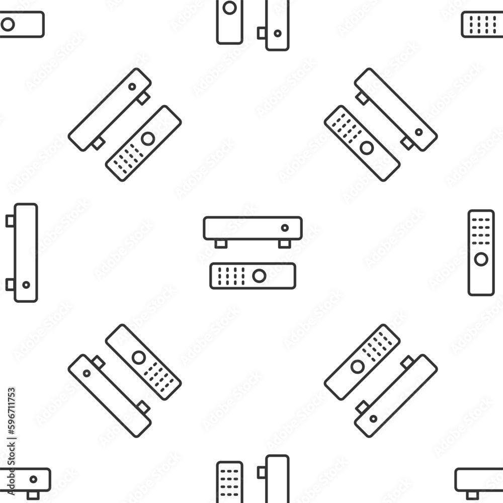 Poster black multimedia and tv box receiver and player with remote controller icon isolated on white backgr