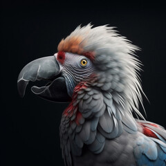 Striking close-up of a parrot’s head on a black background - Vibrant red, blue and orange bird feathers with a curious expression - Spix's macaw, scarlet macaw or a red-and-green macaw. Generative AI.