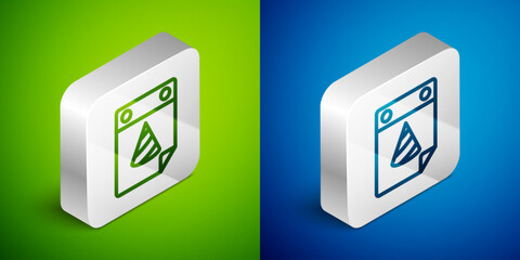 Isometric line Calendar party icon isolated on green and blue background. Event reminder symbol. Silver square button. Vector