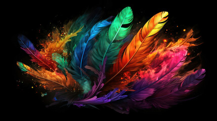 Flexible fantasy colorful multicolor feathers on black background .background wallpaper. 