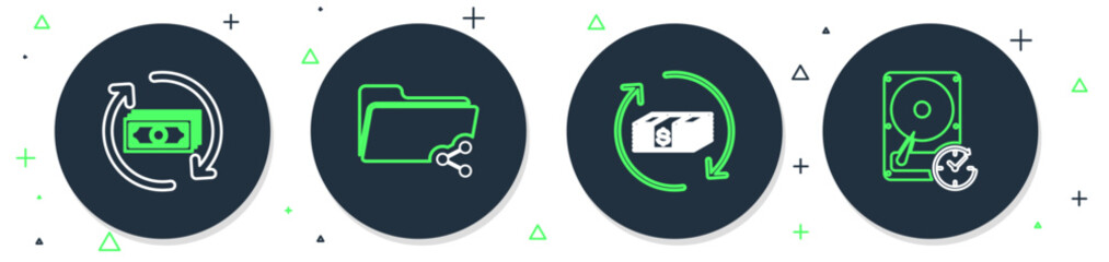 Set line Share folder, Refund money, and Hard disk drive with clockwise icon. Vector