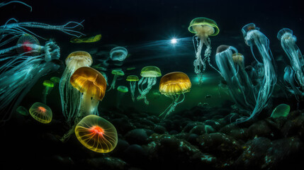 Fototapeta na wymiar Glowing jellyfish swim deep in the blue sea. Jellyfish neon jellyfish fantasy on black background. Generative AI 