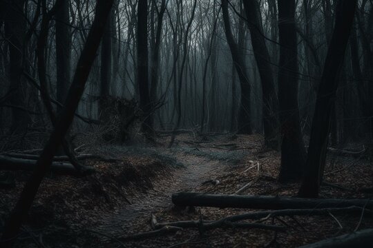 An eerie wooded area filled with ominous energy. Generative AI