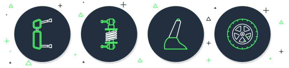 Set line Shock absorber, Car handbrake, Truck side mirror and wheel icon. Vector
